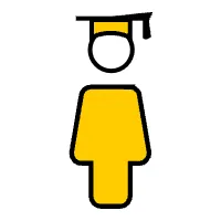 Gelbes Icon mit Person und Hut für Weiterbildung und Schulungen bei der ADAC Dienstleistung GmbH